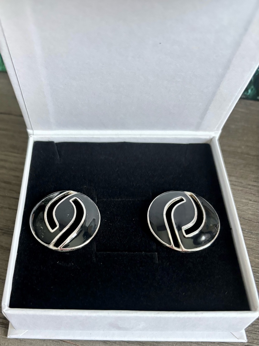 Trifari Round Black Enamel Earrings